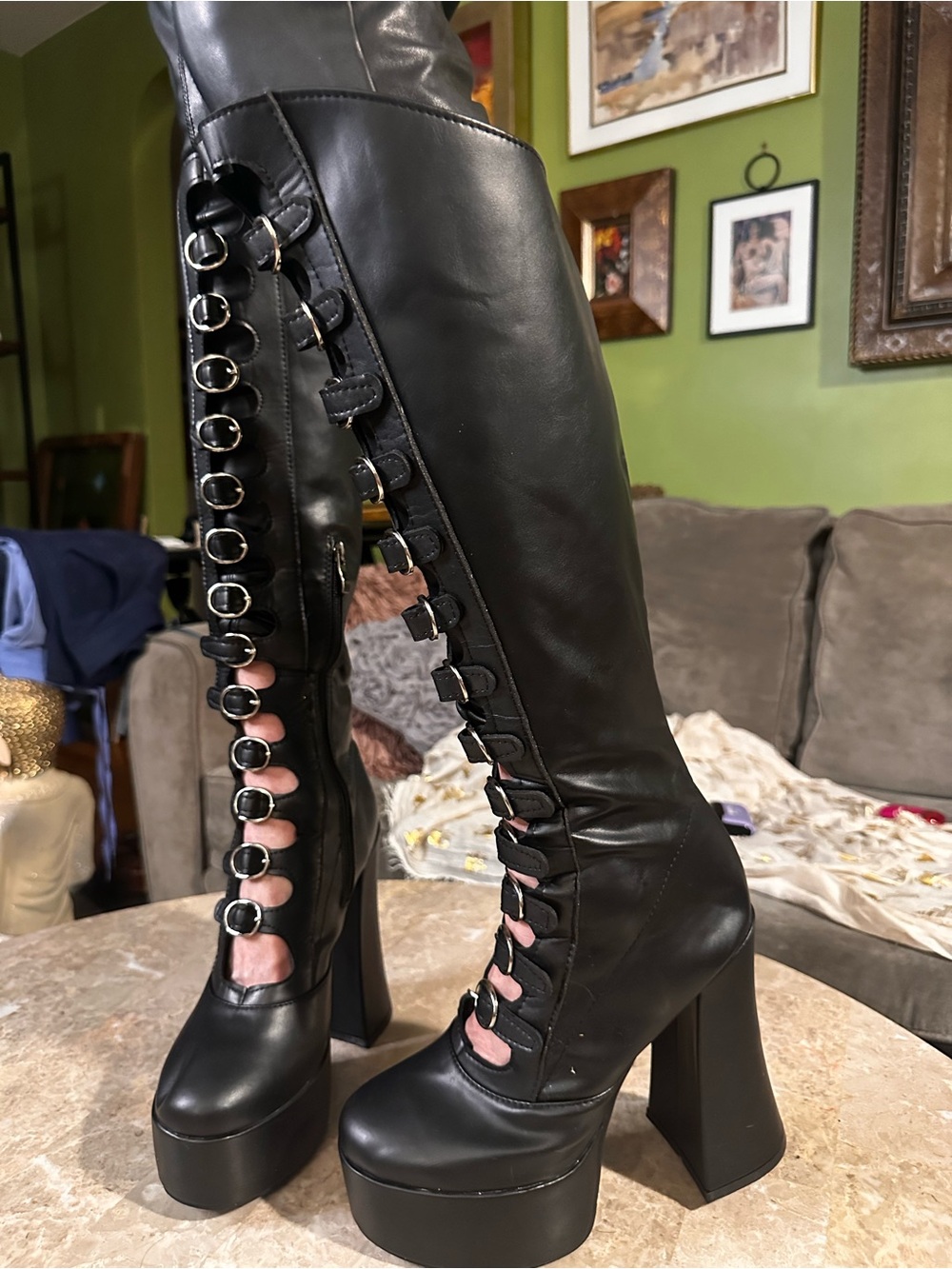 Gothic Black Buckle -Up Platform Knee-High Boots